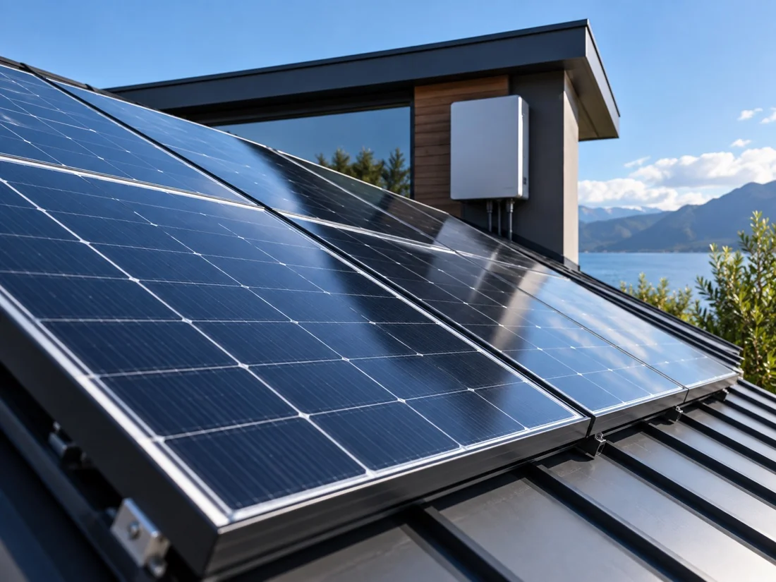 Vista ilustrativa de paneles solares y equipo de energía