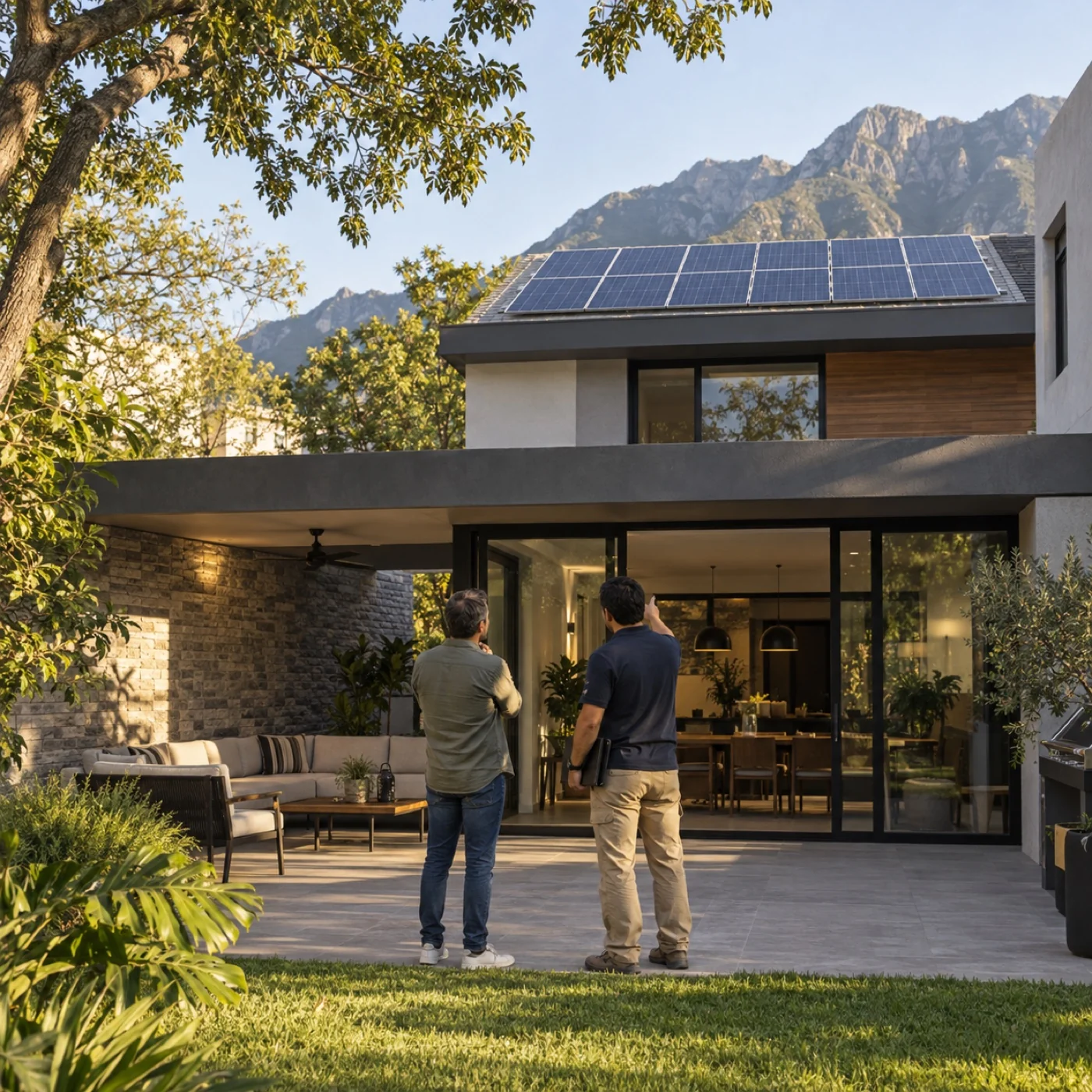Vista ilustrativa de una vivienda con paneles solares y dos personas observando la instalación