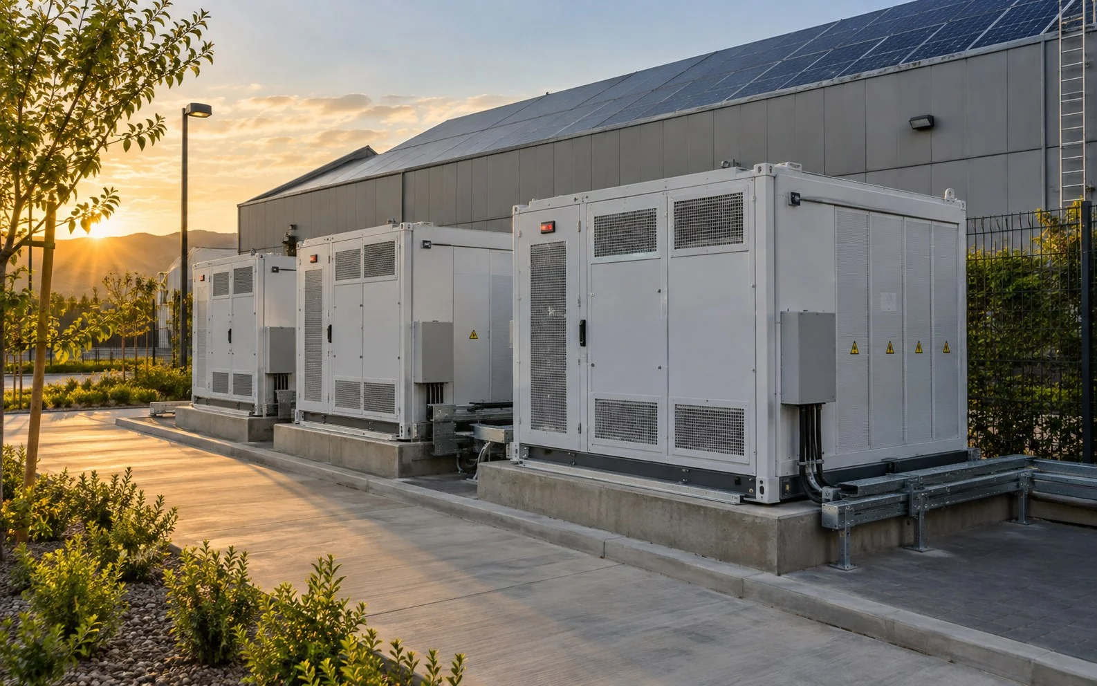 Imagen ilustrativa de sistemas BESS modulares junto a una nave industrial con paneles solares