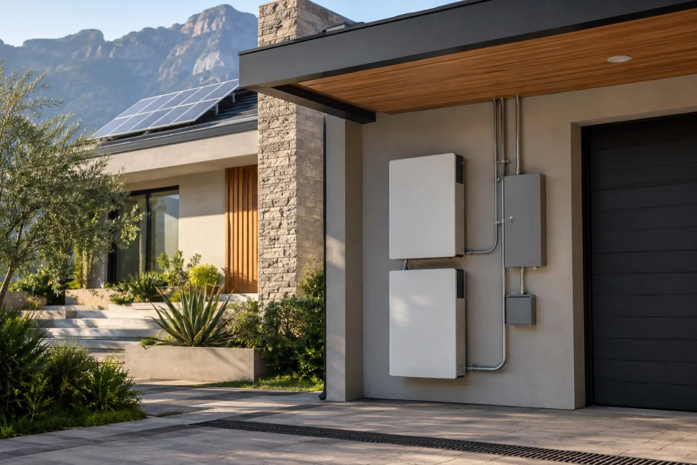 Baterías residenciales instaladas junto a una casa con paneles solares